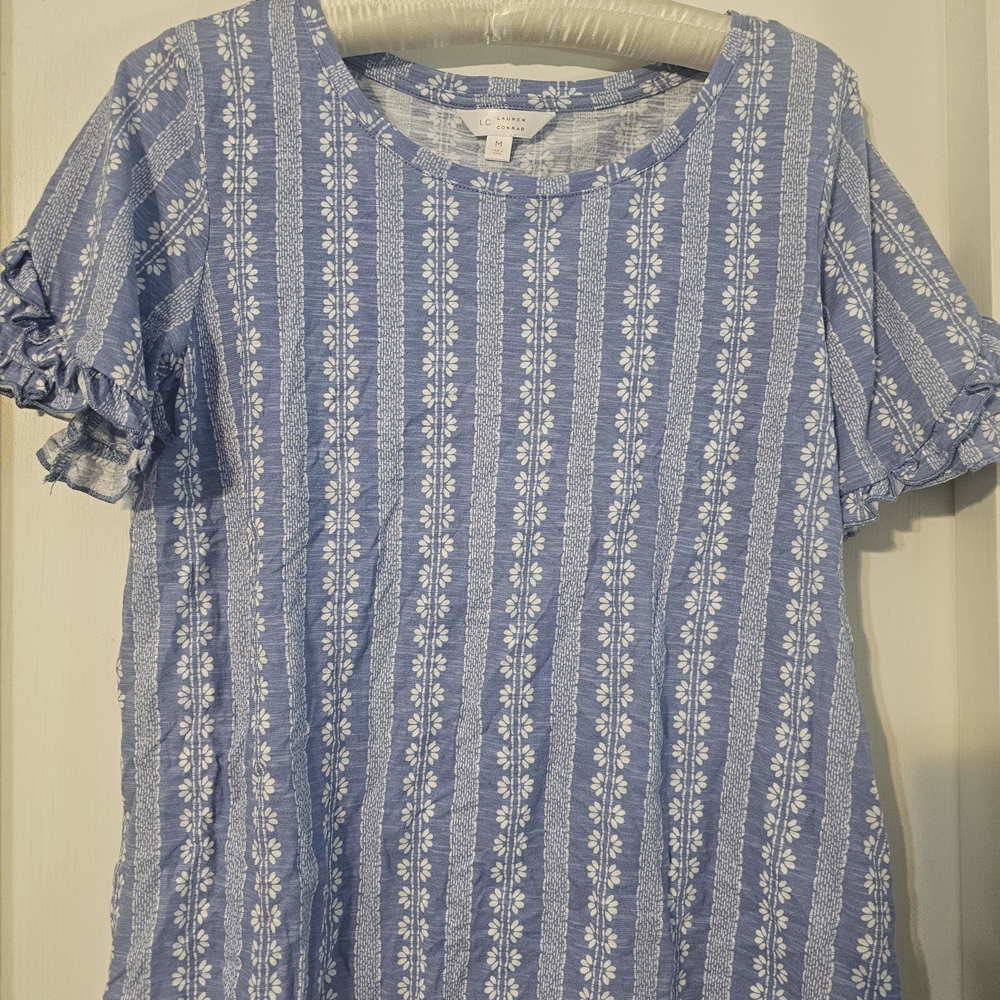 LC Lauren Conrad Blue and White Striped Floral Top